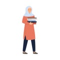 Muslim woman wearing hijab walk with pile of books for study. Arabic saudi student education character