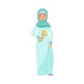 Muslim Woman Wearing Long Dress And Head Shawl Standing And Holding Flower Bouquet Vector Illustration