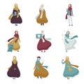 Muslim Women in Different Situations Set, Arab Women in Traditional Clothing Vector Illustration