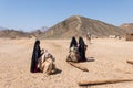 Muslim women dressed in hijabs stand next to camels and wait for tourists in Egypt