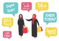 Muslim women at sale making shopping with discount. Vector illustration