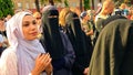 Muslim women wearing hijab, niqab, chador, burqa dress during protest at demonstration against legislation that ban the use of tra