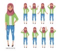 Muslim young woman wearing hijab. Set of emotions and poses