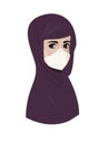 Muslim young woman wearing violet hijab with medical protective face mask respirator to protect from Covid, isolated