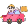 Muslim youths celebrating Eid al Fitr ride a car with a happy greeting, doodle icon image kawaii Royalty Free Stock Photo