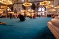 Muslims praying and tourist walking inside the mosque covered bottom of mosque with turquoise carpet Royalty Free Stock Photo