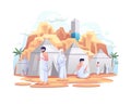 Muslims resting in tents on Islamic hajj pilgrimage vector illustration