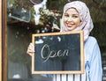 Muslin woman hijab opening coffee shop business startup