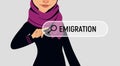 Muslin woman is writing EMIGRATION in search bar on virtual screen.