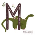 Mussaurus.Letter M with reptile name.Hand drawn cute herbivores dinosaur.Educational prehistoric illustration.Dino alphabet.