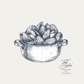 Mussel Casserole engraved illustration. Seafood design. Vector illustration