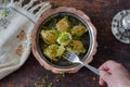 Mussel shaped special Turkish baklava with pistachio and turkish coffee