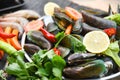 Mussel shell with herbs and spices on steamer cooked green mussel steaming Royalty Free Stock Photo