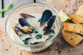 Mussel Soup with Herbs and Cheese Chips