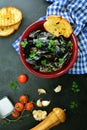 Mussel Soup in Olive Oil and White Wine with Toasted Bread Royalty Free Stock Photo