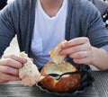 Mussel soup in a pot of bread Royalty Free Stock Photo