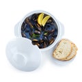 Mussel soup and slices of bread. With clipping path. Royalty Free Stock Photo