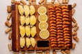 Mussels baked with cheese sauce and sliced lemon and fried shrimps on wooden cutting board with card and wine corks Royalty Free Stock Photo