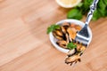 Mussels on a fork Royalty Free Stock Photo