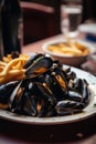 Mussels with french fries in a restaurant. Seafood concept.