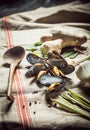 Mussels with fresh ingredients for seafood dinner Royalty Free Stock Photo