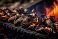 Mussels grilled on a barbecue on a dark background. Generative AI technology Royalty Free Stock Photo