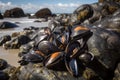 Mussels heap on sea rocks. Generate ai