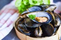 Mussels with herbs lemon on cook steamer food background - Fresh seafood shellfish in the restaurant mussel shell food on bamboo