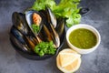 Mussels with herbs lemon on cook steamer food background - Fresh seafood shellfish in the restaurant mussel shell food on pan