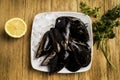 Mussels, parsley and half a lemon on white plates with ice