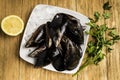 Mussels, parsley and half a lemon on white plates with ice