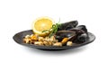 Mussels Pile on Black Plate Isolated, Open Shellfish, Seafood, Mussels Meat, Cooked Clams on White