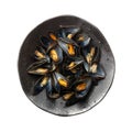 Mussels Pile on Black Plate Isolated, Open Shellfish, Seafood, Mussels Meat, Cooked Clams on White