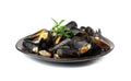 Mussels Pile on Black Plate Isolated, Open Shellfish, Seafood, Mussels Meat, Cooked Clams on White