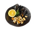 Mussels Pile on Black Plate Isolated, Open Shellfish, Seafood, Mussels Meat, Cooked Clams on White