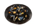 Mussels Pile on Black Plate Isolated, Open Shellfish, Seafood, Mussels Meat, Cooked Clams on White