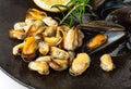 Mussels Pile Closeup, Unshelled Clams, Peeled Mussels, Open Shellfish, Seafood on White Background