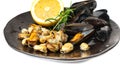Mussels Pile Closeup, Unshelled Clams, Peeled Mussels, Open Shellfish, Seafood on White Background