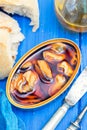 Mussels in sauce in iron box Royalty Free Stock Photo