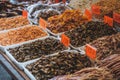 Mussels, shell and, shrimps and seafood for sale on market in Hongkong