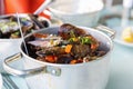 Mussels in spicy sauce, served in a pan, Athens, Greece Royalty Free Stock Photo