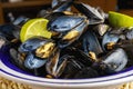 Mussels steamed in their juice with lemon. Mediterranean food, Spain