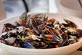 Mussels steamed in white wine, moules marinieres, at a restauran Royalty Free Stock Photo