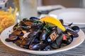 Mussels steamed in white wine, moules marinieres, at a restaurant, Menton France Royalty Free Stock Photo