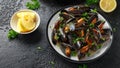 Mussels with white wine, garlic, lemon and herbs in a plate, French fries. rustick background. Seafood. Royalty Free Stock Photo