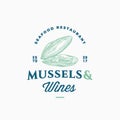 Mussels and Wines Seafood Restaurant Abstract Vector Sign, Symbol or Logo Template. Hand Drawn Opened Mussel Mollusc Royalty Free Stock Photo