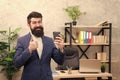 Must have stimulant for him. Man bearded manager businessman entrepreneur hold cup of coffee. Relaxed cheerful top