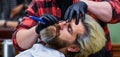 Must try. bearded man getting beard haircut by barber. moustache and beard. sitting in chair at hairdresser. mature man