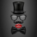 Mustache, bow tie, glasses, red girl lips and cylinder hat. realistic vector hipster photo booth props