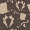 Mustache, hat, bow tie and tuxedo on a brown background, pattern